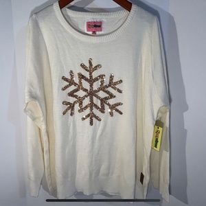 Tipsy Elves Sequin Golden Snowflake Long Sleeve Pullover Sweater White Size XL